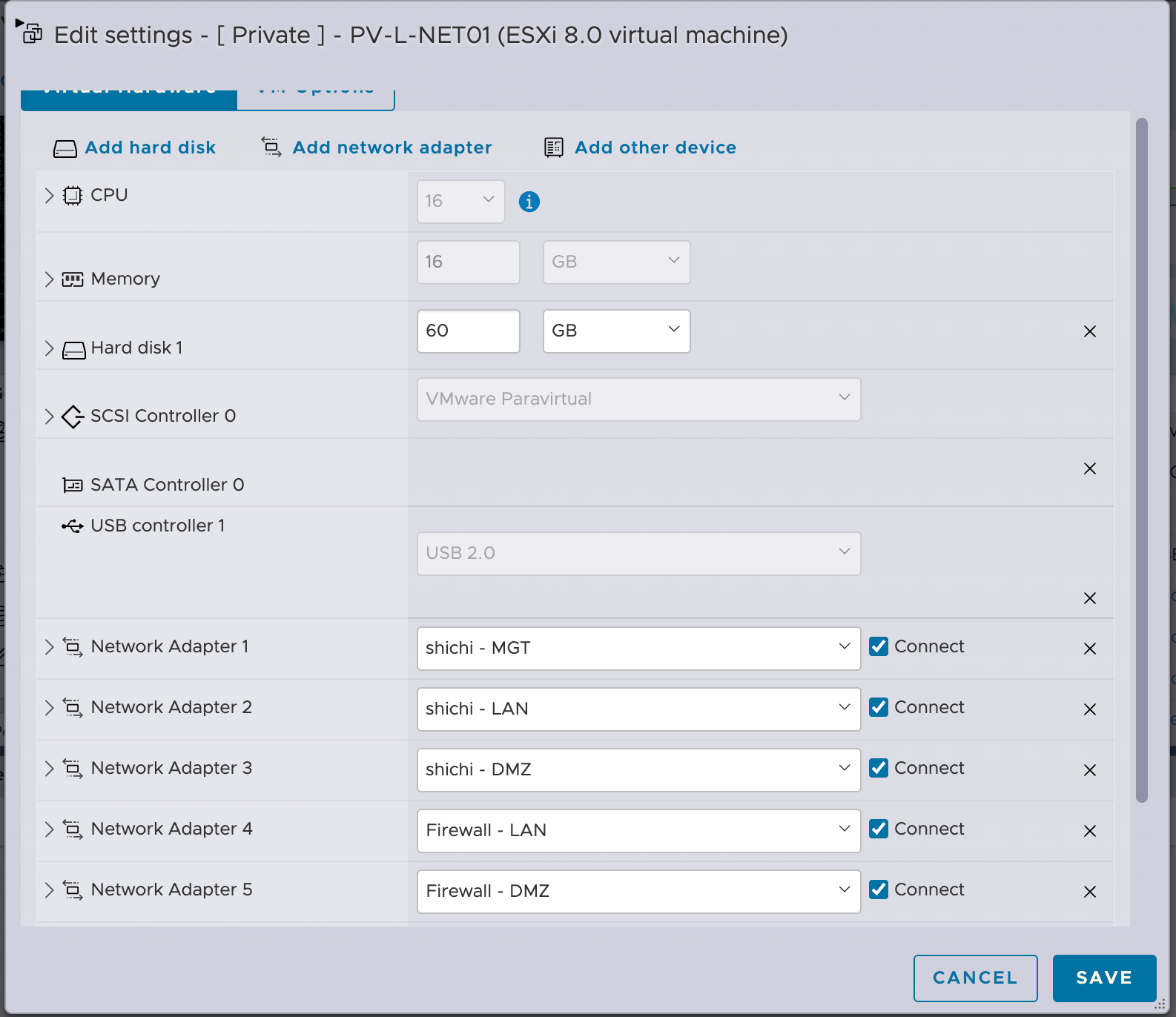 OPNsense VM config showing port groups as network adapters